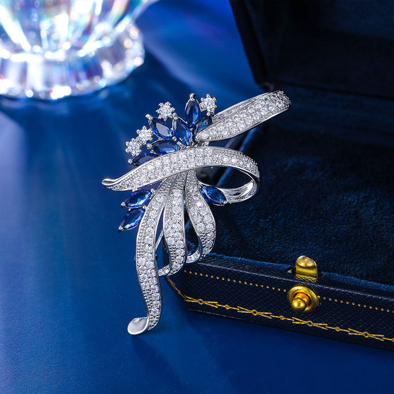 Vintage Blue Crystal Floral Brooch Pin for Women – Elegant Dress & Coat Accessory