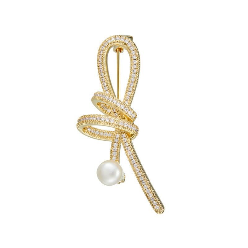 Streamer Bright Slightly Inlaid with Zirconium Ribbon Knot Brooch Stylish Elegant Freshwater Pearl Clothing Corsage Versatile Women's Pin