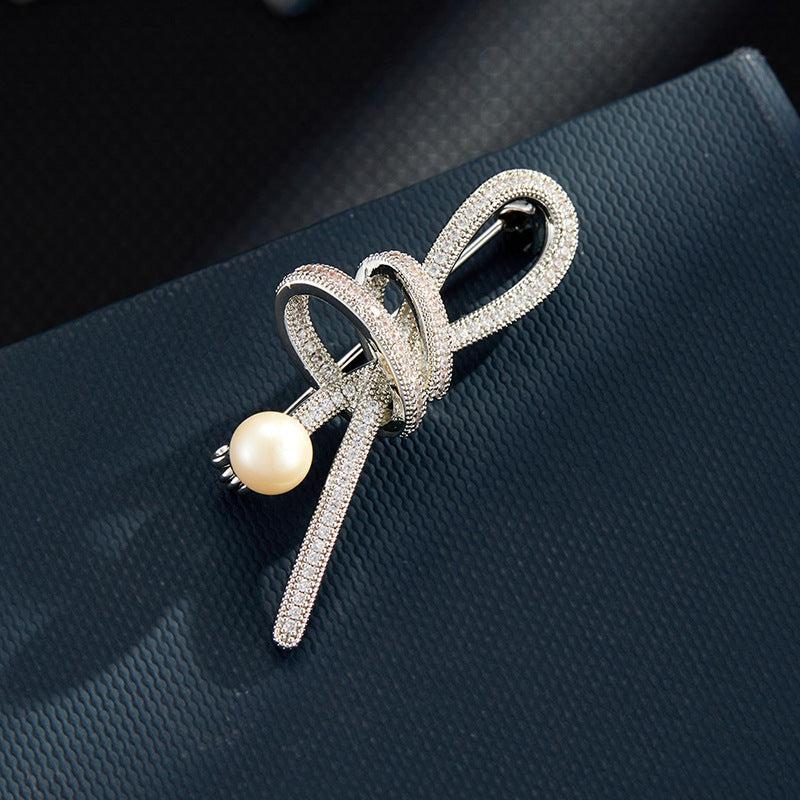 Streamer Bright Slightly Inlaid with Zirconium Ribbon Knot Brooch Stylish Elegant Freshwater Pearl Clothing Corsage Versatile Women's Pin