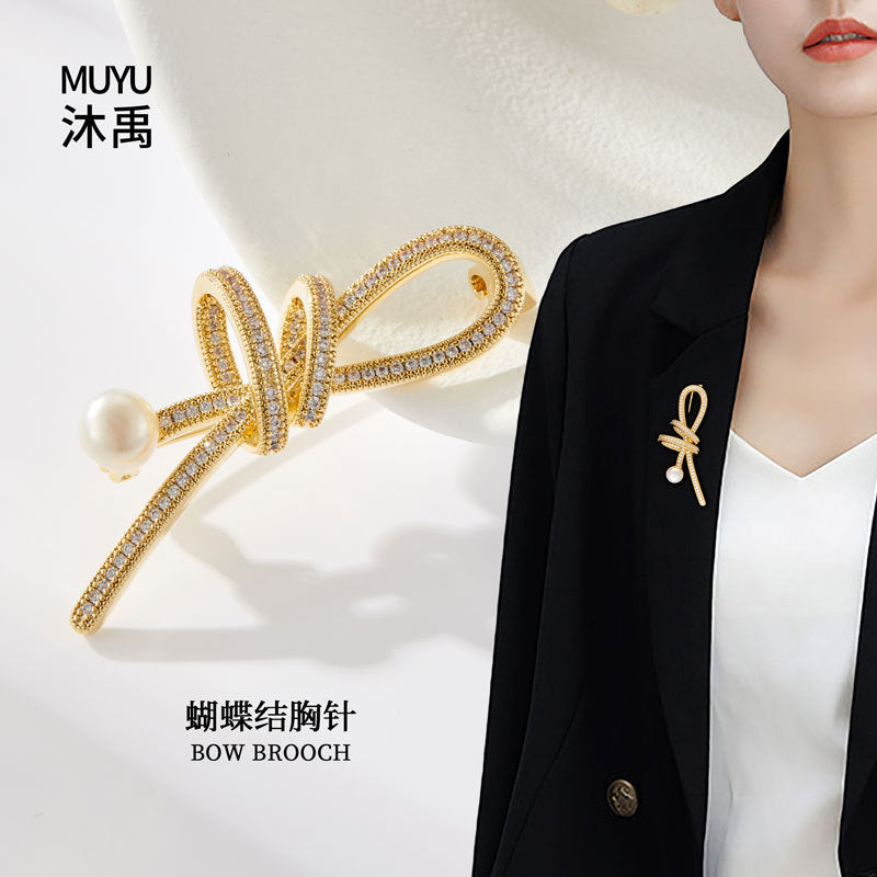 Streamer Bright Slightly Inlaid with Zirconium Ribbon Knot Brooch Stylish Elegant Freshwater Pearl Clothing Corsage Versatile Women's Pin