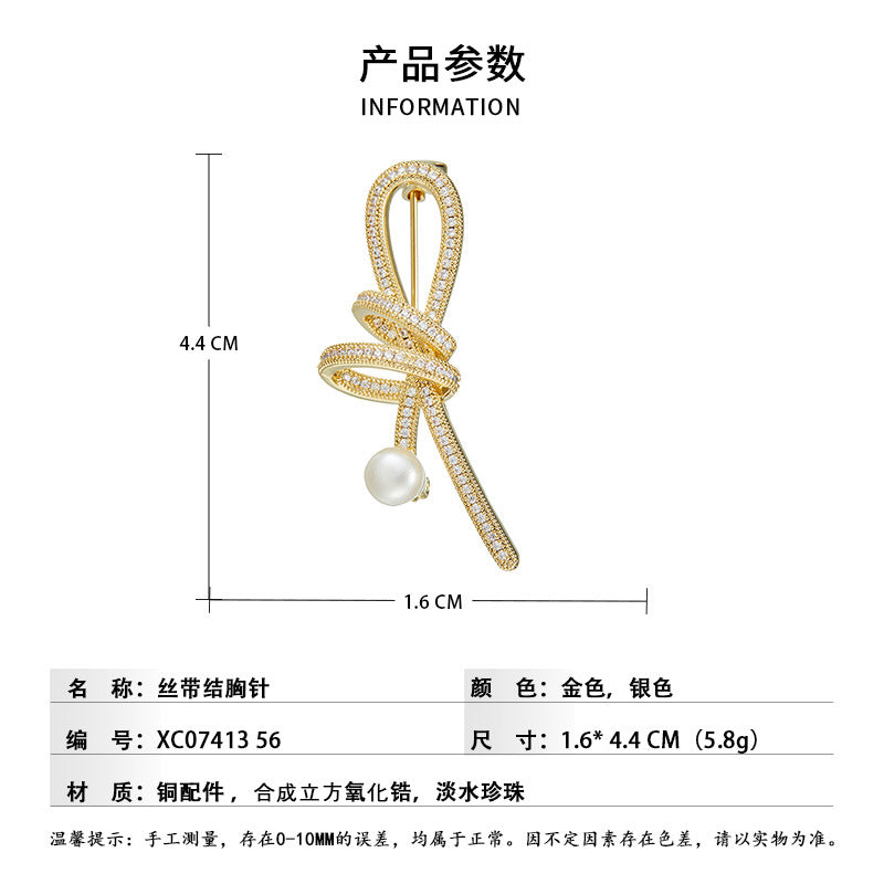 Streamer Bright Slightly Inlaid with Zirconium Ribbon Knot Brooch Stylish Elegant Freshwater Pearl Clothing Corsage Versatile Women's Pin