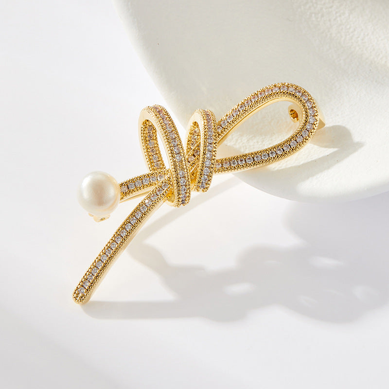 Streamer Bright Slightly Inlaid with Zirconium Ribbon Knot Brooch Stylish Elegant Freshwater Pearl Clothing Corsage Versatile Women's Pin