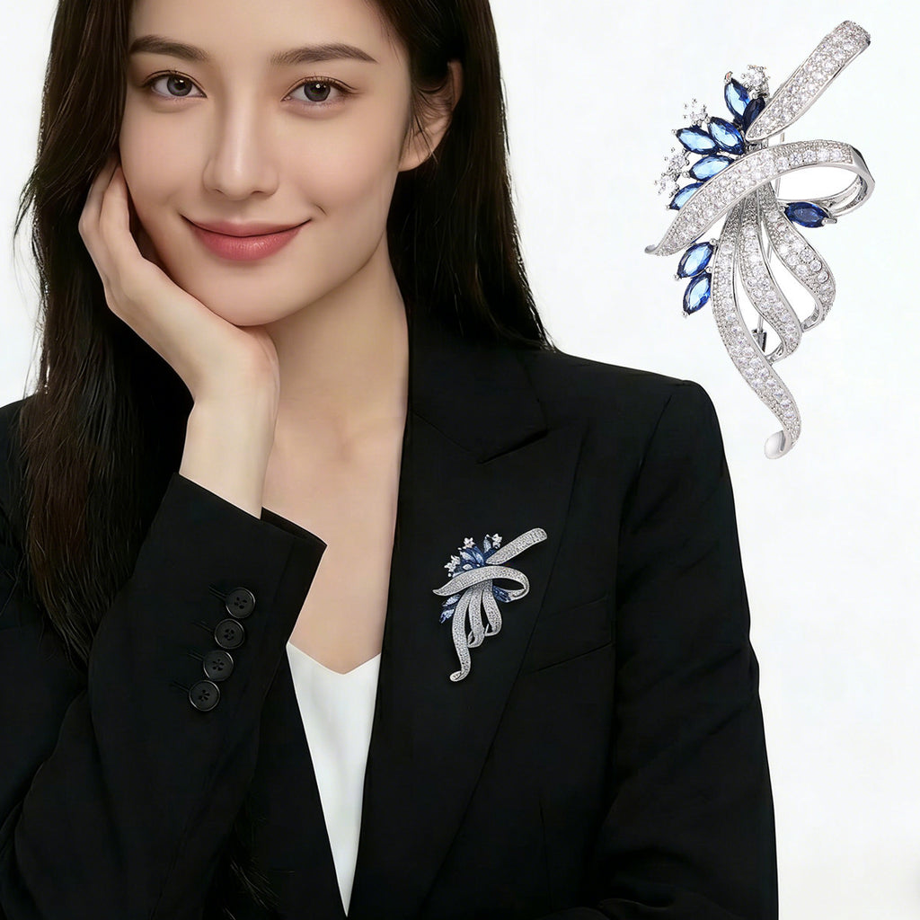 Vintage Blue Crystal Floral Brooch Pin for Women – Elegant Dress & Coat Accessory